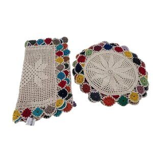 Handmade Crochet Placemat Set table runner Floral Border Beige Base